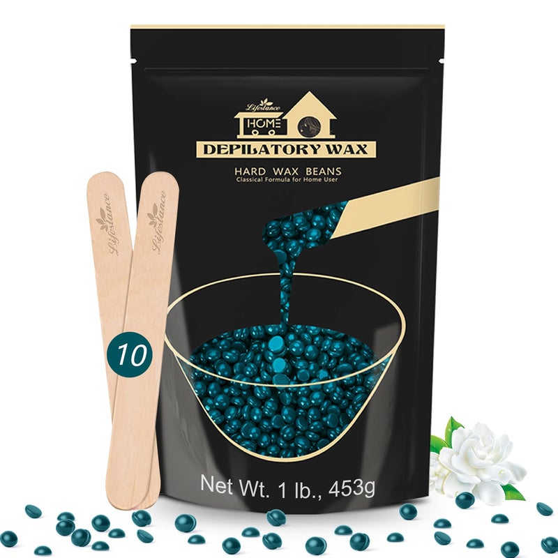 Lifestance 450g Dark Green Wax Beads, Slender Hair Removal Formula, Hard Wax Beads for Face, Eyebrow, Arm, Fine Hair Painless Waxing Beads Hair Removal, with 10 Applicators,